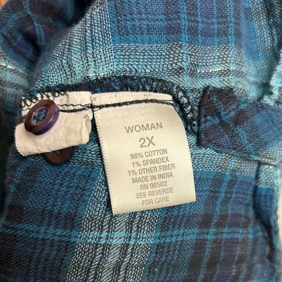 Dressbarn Blouse Top Women 2X Striped Flannel Metallic Holliday Button Down Blue - Picture 5 of 9